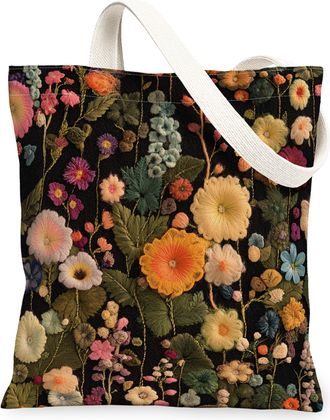 Generic Spring Hollyhock Flower Canvas Tote Bag for Shopping 13x15, Knitting Theme Florals Reusable Grocery Print Pattern Bag for Women, Fun Vintage Beach Aes