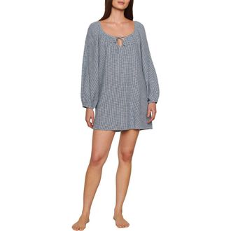 Eberjey Linen Blend Long Sleeve Nightgown in Gingham White/Navy at Nordstrom, Size X-Small