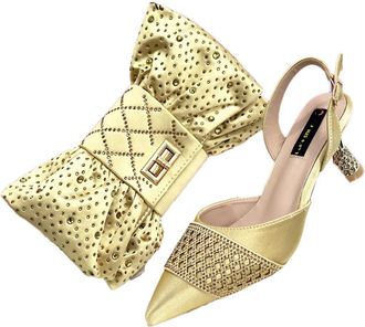 Generic Womens Luxury Shoes and Bags Matching Set Pointed Toe High Heel Sandals Sparkly Rhinestone Bow Bag Gold