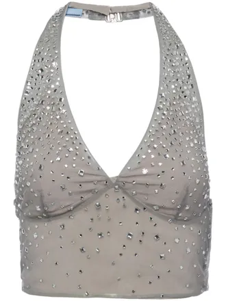 Prada crystal-embellished tulle top - women - Nylon - 40 - Grey