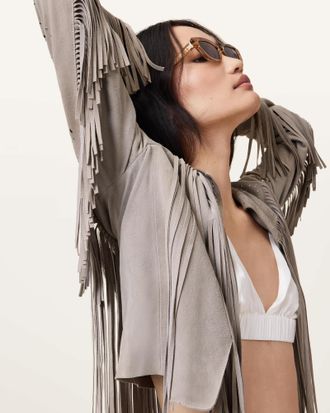 AllSaints Goat Leather Asta Suede Tassel Jacket, Size: UK 12/US 8