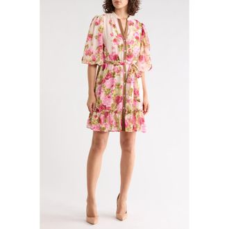 Sandra Darren Puff Sleeve Tiered Shirtdress in Cream/Olive at Nordstrom Rack, Size 16