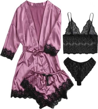 Generic Womens Satin Pajama Sets V Neck Causal Long Pj Pant Set Nightwear 4 Piece Pajamas Silk Like Lace Paneled Sexy Pajamas Gifts for Women Set