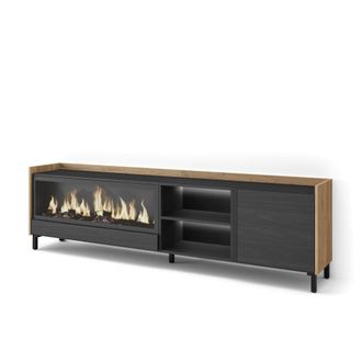 Skraut Home Mueble tv efecto madera negro roble 212x35x61cm chimenea efecto fuego