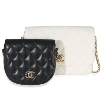 Chanel White Black Quilted Lambskin Small Side Packs Flap Bag