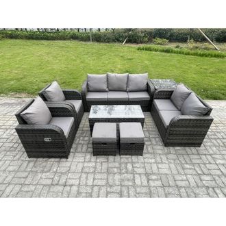 Fimous Outdoor Rattan Garden Furniture Set Rattan Lounge Sofa Set with Rectangular Coffee Table Side Table 2 Small Footstools Dark Grey Mixed - Fimous