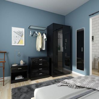 Elegant Lighting Wardrobe Set High Gloss 3 Piece Bedroom Storage Furniture Include 2 Soft Close Doors Wardrobe and 4 Drawer Chest and Bedside Cabinet, Black - Elegant