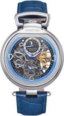 Heritor Lincoln Leather-Band Skeleton Watch with Moon Phase in Blue at Nordstrom