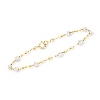 RS Pure by Ross-Simons 3-3.5mm Cultured Pearl Station Lumachina-Chain Bracelet in 14kt Yellow Gold