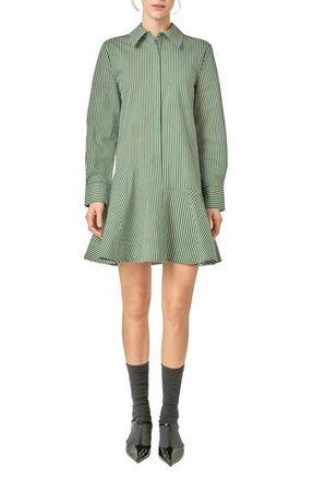 English Factory Stripe Ruffle Hem Long Sleeve Shirtdress in Dark Olive at Nordstrom, Size X-Small