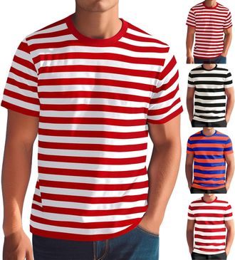 Generic Mens Striped Shirt Short Sleeve Stripe Shirts Crewneck T-Shirts Classic Stylish Patchwork Tops Casual Workout Blouse Camisetas para Hombres(Watermelon