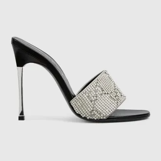 Gucci Womens Crystal Bombshell Slide Sandal, Grey, Fabric