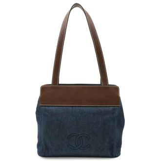 Chanel Blue Brown Dark Brown Denim Leather Shoulder Bag Tote Bag (Pre-Owned)