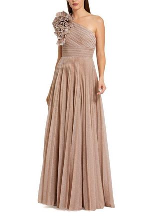 Mac Duggal Petite Pleated Metallic One Shoulder Gown With Ruffle in Champagne at Nordstrom, Size 12