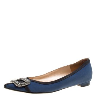 Manolo Blahnik Navy Blue Satin Gotrian Crystal Embellished Pointed Toe Flats