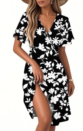 Generic Summer Dresses for Women UK V Neck Short Sleeve Casual Pleated Hem Knee Length T-Shirt Dress with Pockets,Plain Dress Long Summer Dresses for Women UK