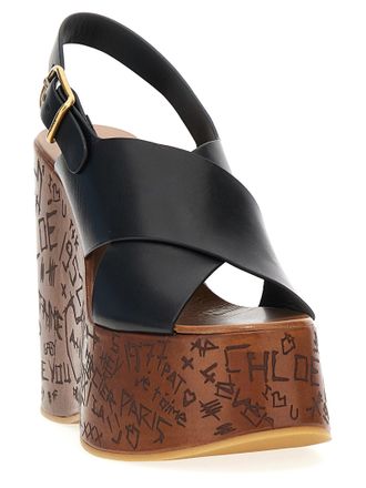 Chlo&eacute; Womens Black Calfskin Wedge Sandals