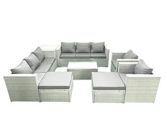 Fimous Outdoor Rattan Sofa Garden Furniture Set with 2 Armchairs Oblong Coffee Table 2 Big Footstools Side Table Light Grey Mixed