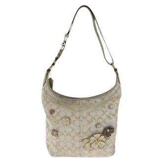 Coach Pre-owned Shoulder Bags, female, Beige, Size: ONE SIZE Pre-owned Signature Flower Applique Canvas Leather Shoulder Bag