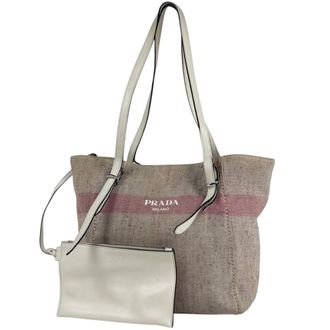 Prada Pink White Canvas Leather Tote Bag (Pre-Owned)
