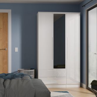 Lewis's Milan Tall 2 Drawer Tiple Mirror Wardrobe in White Gloss & White - Ready Assembled - Lewiss Home | TJ Hughes