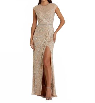 Mac Duggal Embellished Illusion High Neck Cap Sleeve Gown In Nude