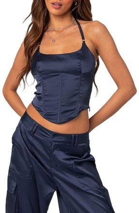 Edikted Kelsey Lace-Up Back Satin Halter Neck Corset in Navy at Nordstrom, Size X-Large