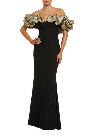 Mac Duggal Crepe Mermaid Gown With Off The Shoulder Ruffle in Black Gold at Nordstrom, Size 12