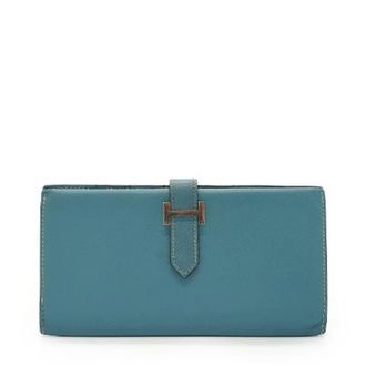 Herm&egrave;s Pre-owned Bearn Soufflet Epsom Bifold Lange Portemonnee - Dames - Vintage Accessoires - Blauw - ONE Size - Leer - Vintage