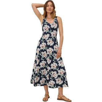 Pact Organic Cotton Fit & Flare Open Back Maxi Dress in Fresh Flora Midnight Blue at Nordstrom, Size Medium