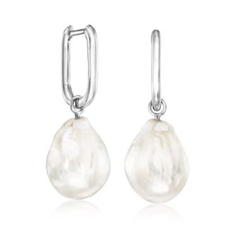 Ross-Simons Sterling Silver Hoop Earrings With Removable 12-13mm Cultured Baroque Pearl Drops