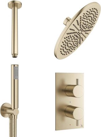 Crosswater MPRO Regendoucheset Inbouw - 30cm hoofddouche - plafondarm - staafhanddouche - geborsteld messing