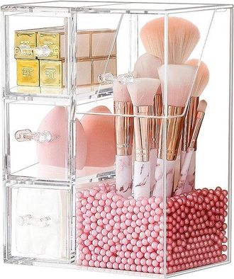 OEM Organizador De Brochas De Maquillaje - Soporte Para Brochas De Maquillaje, Vaso De Acr&iacute;lico Transparente A Prueba De Polvo Con Perlas Rosas