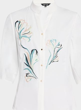 Misook Floral-Embroidered Crepe De Chine Blouse