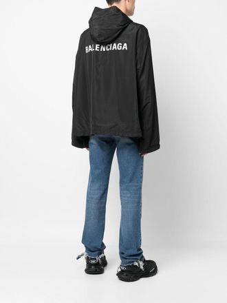 Balenciaga Logo-Print Hooded Windbreaker - Black