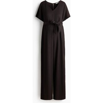 H&M Mama Short-sleeved Tie-belt Jumpsuit in Dark Brown at Nordstrom, Size Xx-Large