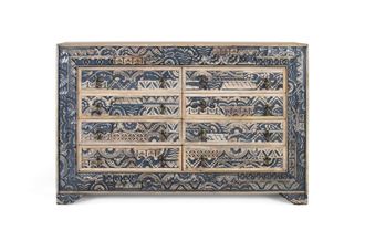 Giner&Colomer Aparador bicolor en madera de mango tallada, natural y azul envejecido