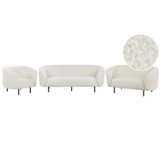 Beliani Conjunto De Sala De Estar 6 Plazas De Poli&eacute;ster Blanco Negro Boucl&eacute; Patas Loen