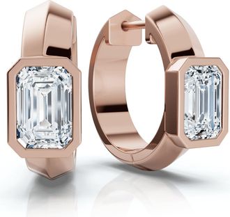 Pompeii3 1 1/3Ct Emerald Cut Brava Bezel Diamond Hoops 5/8 Huggies 14k Gold Lab Grown