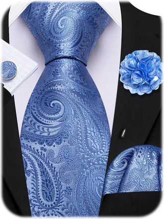 Barry.Wang Light Blue Tie 63 Paisley Silk Ties Set Pocket Square Cufflinks and Lapel Pin Extra Long Necktie Wedding