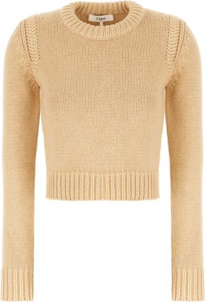 Chlo&eacute; Cropped Sweater - Dames - Ronde hals truien - Beige - L - Katoen - Truien & Vesten
