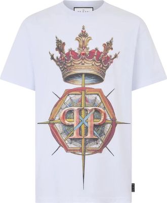 Philipp Plein Tops, Heren, Wit, 2Xl, Katoen, Ronde Hals T-Shirt Kroon Hexagon