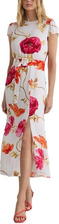 Reiss Lyra Floral Print Belted Midi Dress