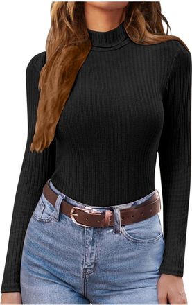 Generic Jumpers for Women UK Long Sleeve Slim Fit Elegant Knit Stretch Sweater Casual Lightweight Comfort Autumn Winter Solid Pullover Jumpers for Women Black