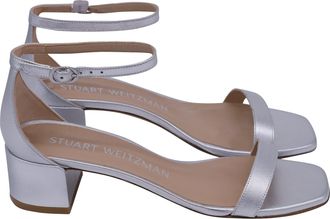 Stuart Weitzman Nudist Block Sandals in Silver Leather