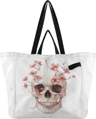 Generic Cherry Blossoms Skull White pattern Reusable Canvas Tote Bag, Heavy Duty Grocery Shopping Bag with Hard Bottom Large Capacity Double Handles Work Groc