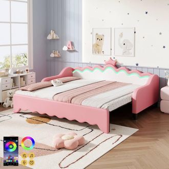 Matteo Single Daybed - LED Crown Headboard & Trundle - Cream Pink
