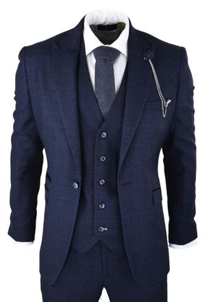Infinity Leather Mens 3 Piece Navy Blue Check Tweed Retro Classic Suit - Size 52 (Chest)