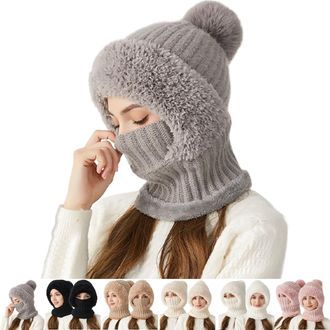 Generic 3 in 1 Beanie Hat for Women, Windproof Scarf Hat, Winter Hats for Women Cold Weather, Warm Snow Hats (UK, Alpha, One Size, with Ball on Top - Grey)