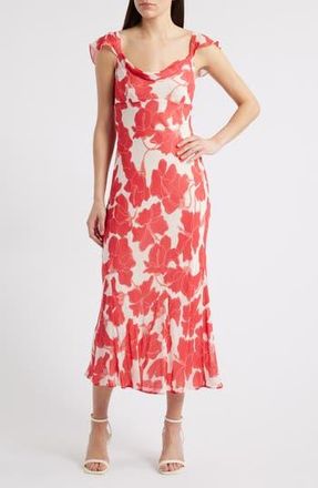 Rails Marigold Floral Flutter Sleeve Midi Dress in Scarlet Hibiscus at Nordstrom Rack, Size X-Large